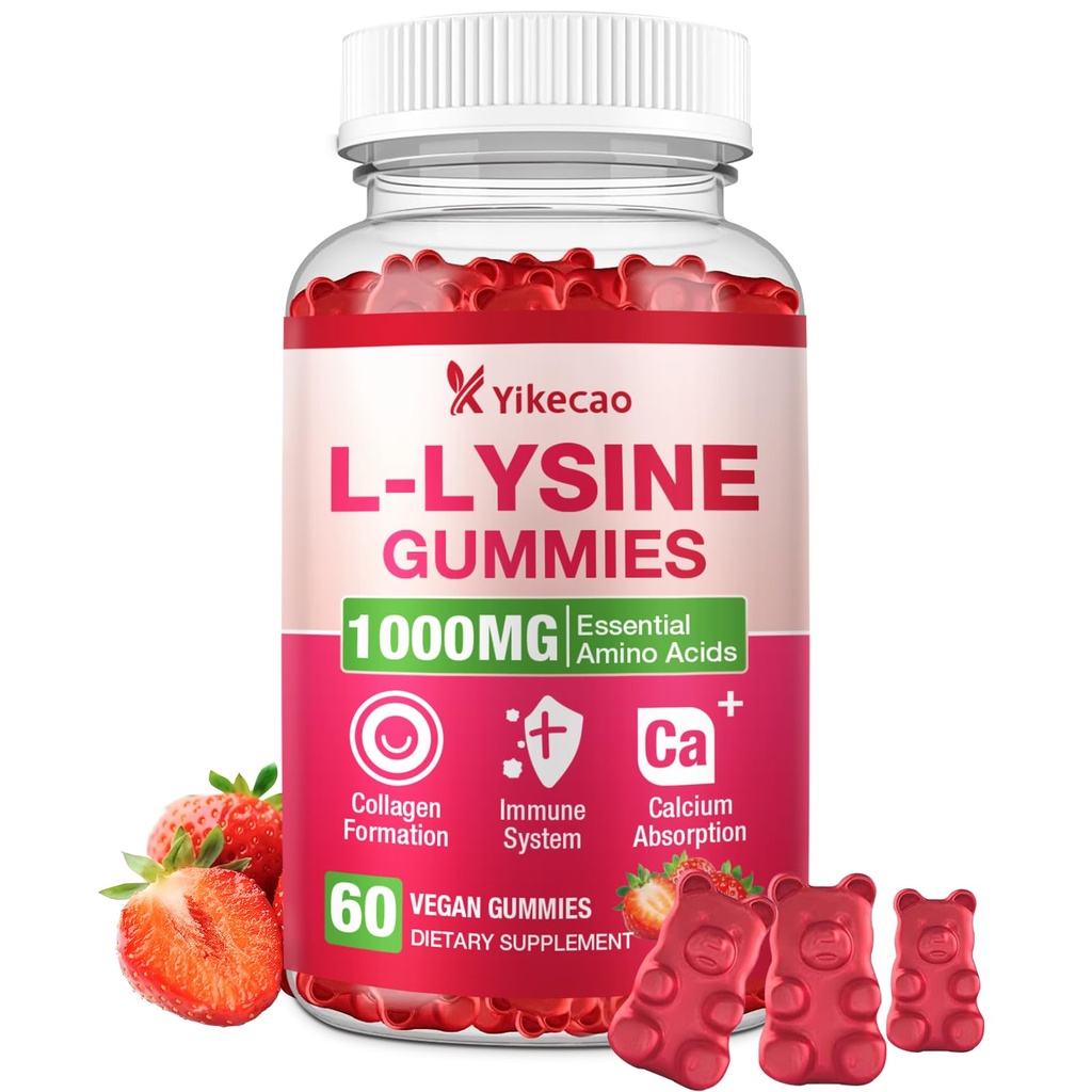 L-Lysine 1000mg Gummies, Chewable Lysine Supplement for Lips & Skin, Immune Support, Essential Amino Acid, Non-GMO, Vegan, Gluten Free, Sugar-Free, Strawberry Flavor, 60 Count