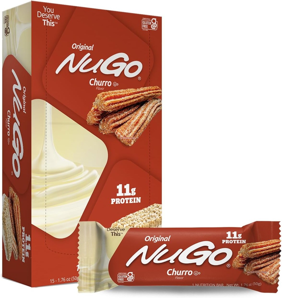 NuGo Protein Bar, Churro, 11g Protein, Gluten Free, 15 Count