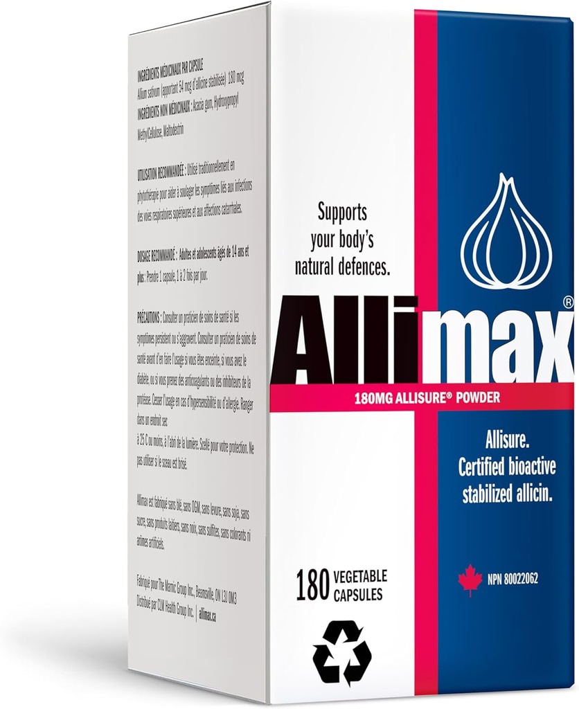 Allimax 180mg 180 Κάψουλες. Υποστηρίζει την Ανοσοποιητική λειτουργία του σώματος σας μέσω της Φυσικής Αλλικίνης, μια ισχυρή ένωση οργανοθειούχου άλατος που προέρχεται από καθαρό και βιώσιμο ισπανικό σκόρδο.