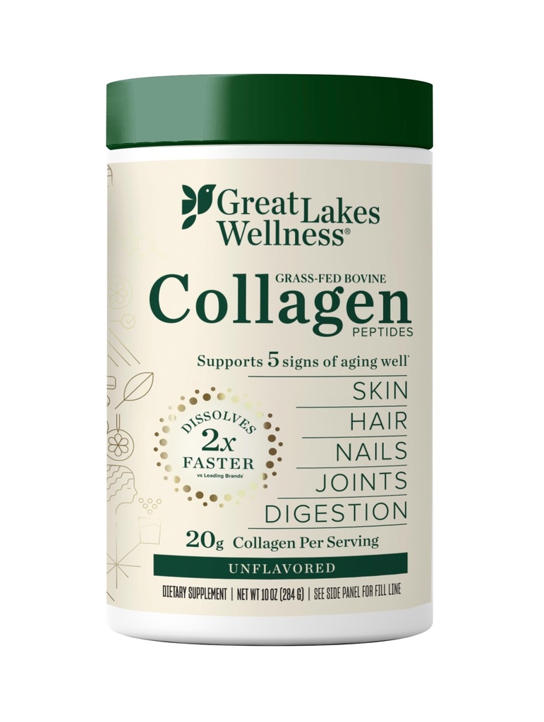 Μεγάλες Λίμνες Wellness Collagen Peptides Σκόνη για το δέρμα, τα μαλλιά, τα νύχια, τις αρθρώσεις & την πέψη - Unflavored - Γρήγορη διάλυση Hydrolyzed, μη GMO, Keto, Kosher - 10 oz