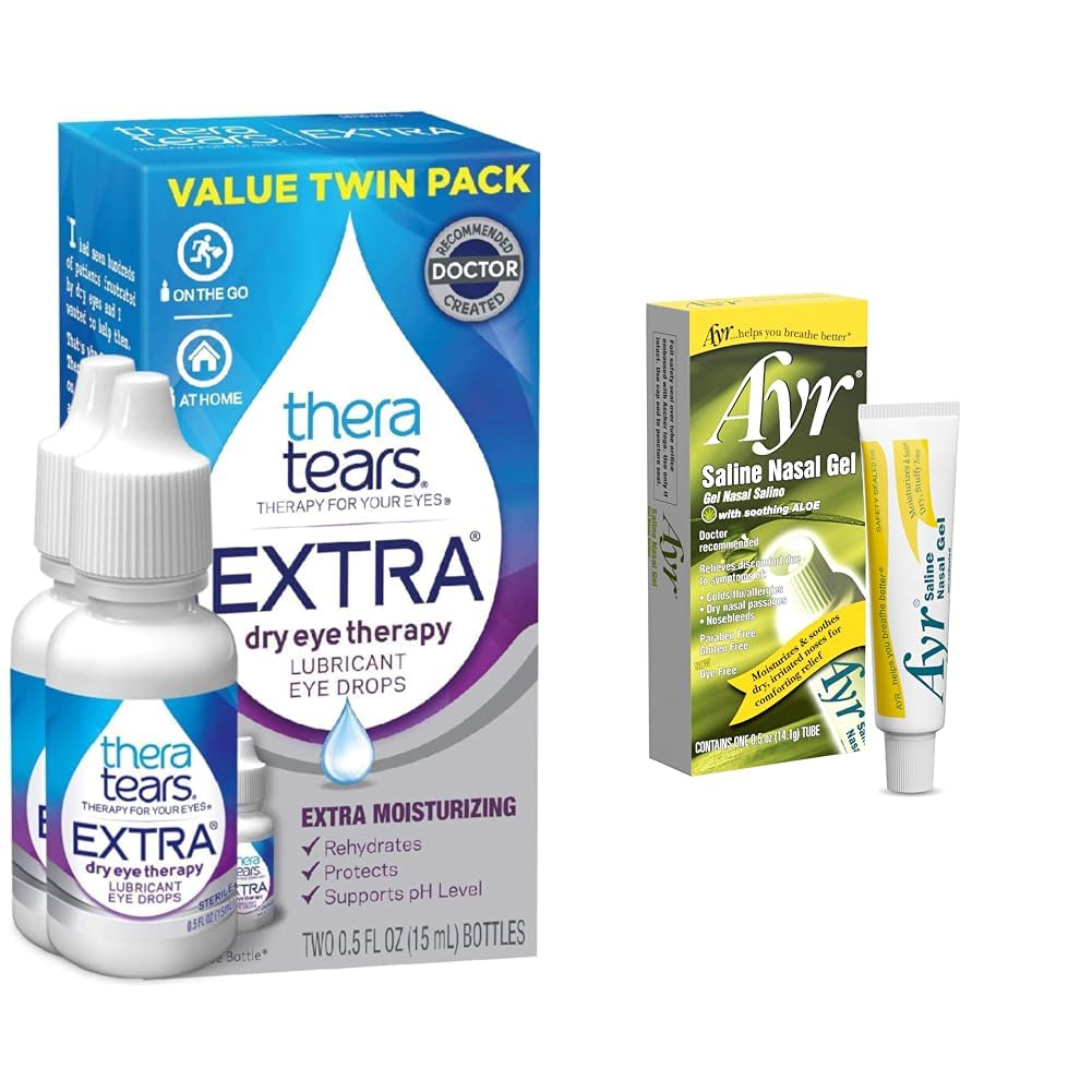 TheraTears Extra Dry Eye Drops for Dry Eyes, 0.5 fl oz Bottle, 2 Count and Ayr Saline Nasal Gel, 0.5 Ounce Tube for Dry Nasal Passages