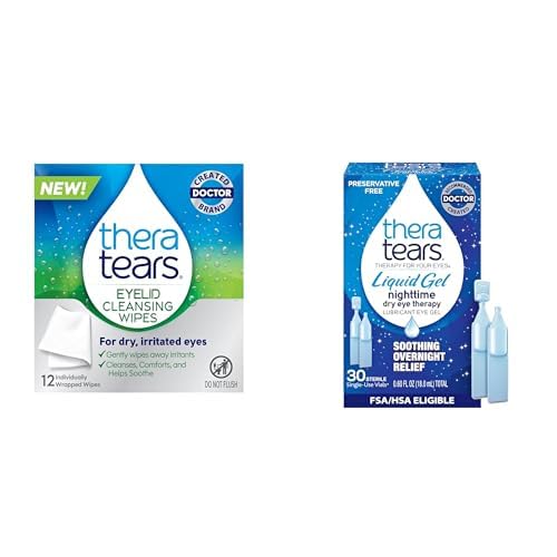 TheraTears Eyelid Cleansing Wipes & Liquid Gel Nighttime Eye Drops – 12 Individually Wrapped Wipes & 30 Single-Use Vials