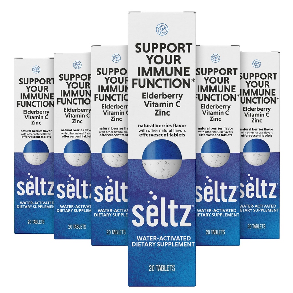 Seltz Immune Support Drink Tablets, Effervescent Elderberry with Zinc | Immune Defense, Vitamin C, Antioxidants, Drop Fizz and Drink, Refreshing and Supports Hydration, 120 Tablets, 6 Pack