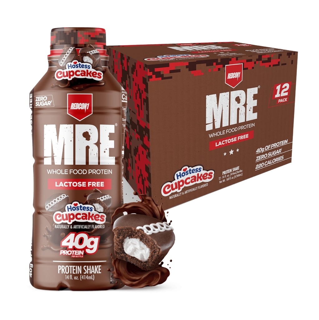REDCON1 MRE Ready to Drink Protein Shakes Hostess™, Cupcakes - Lactose Free RTD Protein Made with Real Whole Food Protein Blends - Easy to Digest Nutritional Shake (12 Pack)
