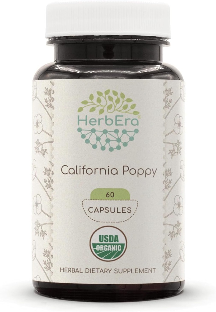 HerbEra California Poppy 60 Capsules, 800 mg, Made with USDA Organic California Poppy (Eschscholzia Californica) Dried Herb and Flower (60 Capsules)