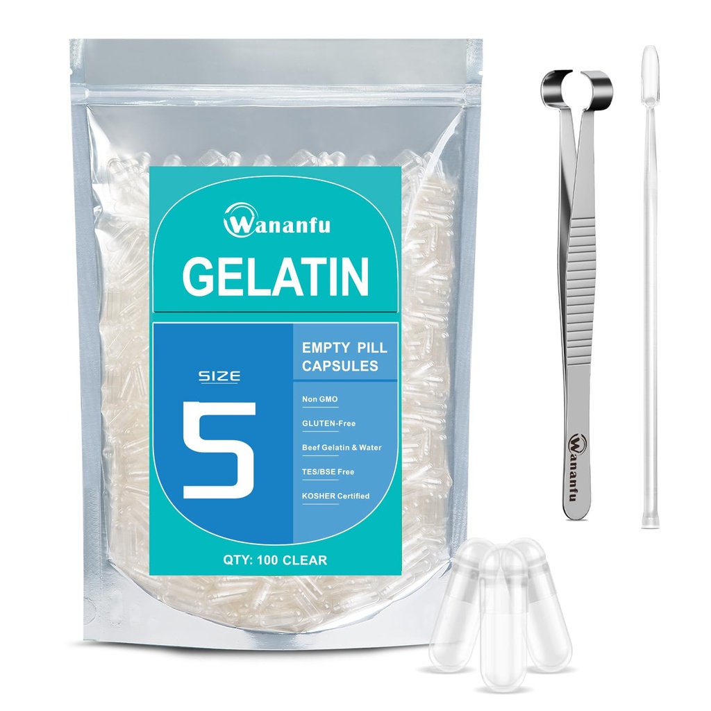 wananfu Size 5 Empty Capsules Gelatin (100 Count) Bundle with Capsule Tweezer and Micro Lab Spoon, Clear Fillable Gel Pill Capsules Size 5 for Making Your Own Supplements