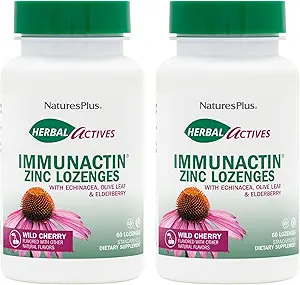 NaturesPlus Herbal Actives ImmunActin - 60 Zinc Lozenges, Pack of 2 - Wild Cherry Flavor - Υποστηρίζει την Ανοσολογική Υγεία - με Echinacea, Elderberry & Olive Leaf - Χωρίς γλουτένη - 120 Σύνολο Σερβίρει