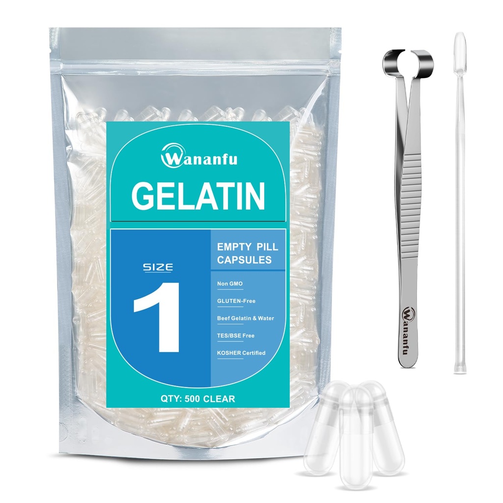 wananfu Size 1 Empty Capsules Gelatin (500 Count) Bundle with Capsule Tweezer and Micro Lab Spoon, Clear Fillable Gel Pill Capsules Size 1 for Making Your Own Supplements