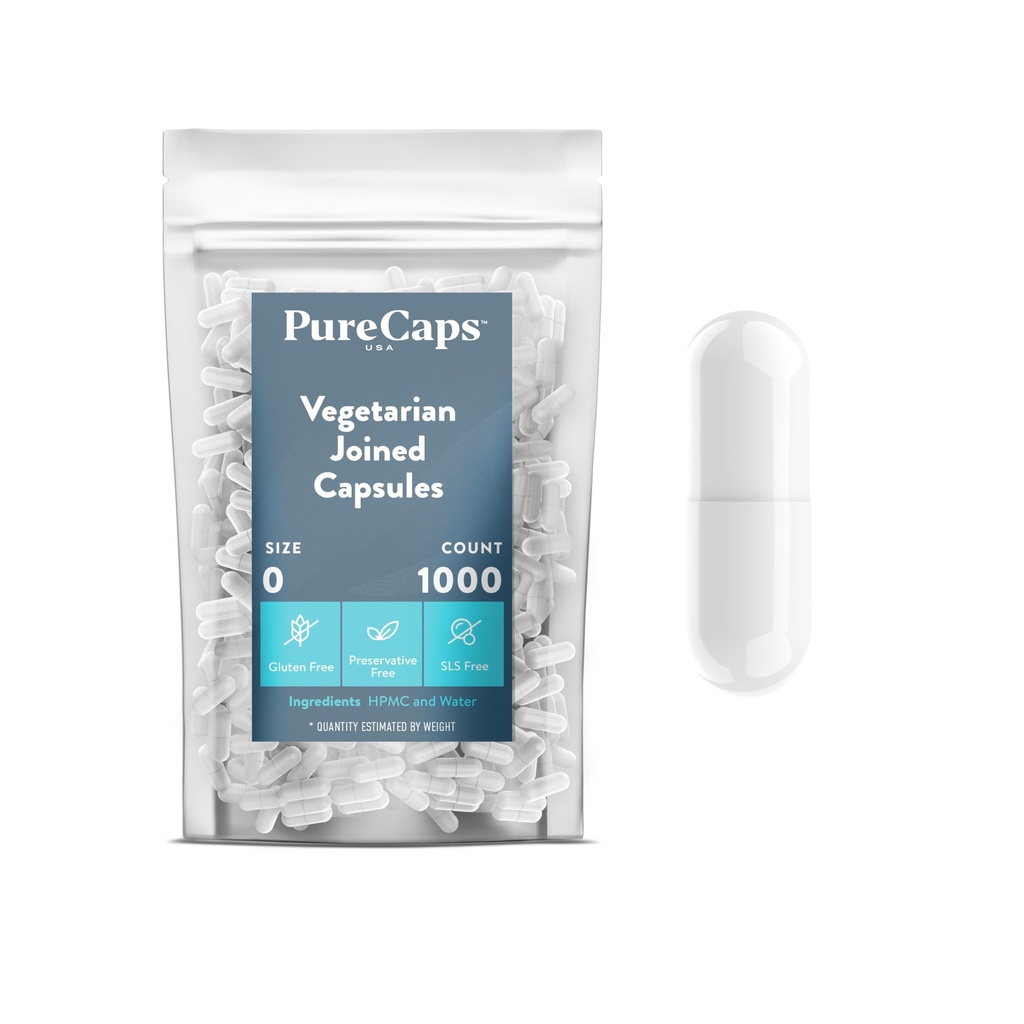 PureCaps USA - Empty Vegetarian Vegan Pill Capsules Size 0| 1,000 Joined Pills| White| Non-GMO Certified | SLS, Gluten, Preservative Free