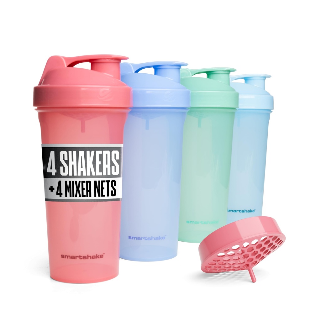 Smartshake Lite 4 Pack 800 ml/27 oz Protein Shaker Bottle | Silent Mixing, Leak-Proof Shaker Bottle | Shaker Cups For Protein Shakes | Gym Shaker Bottle | Durable, BPA-Free, Dishwasher Safe | Pastel