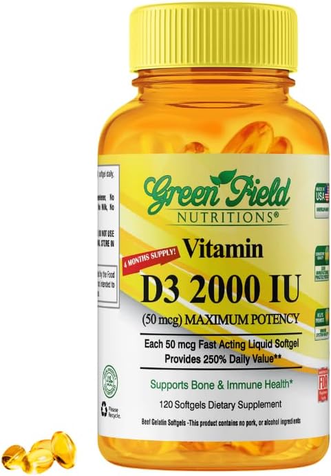 Greenfield Διατροφές Χαλάλη Βιταμίνη D3 2000 IU Softgel - 50 mcg Υψηλή ισχύς D3, 120 Άγευστα Mini Softgels - Βιταμίνες Χαλάλ D με Halal Beef Ζελατίνη, Υποστηρίζει ανοσοποιητικά δόντια των οστών εγκέφαλο και τα μαλλιά