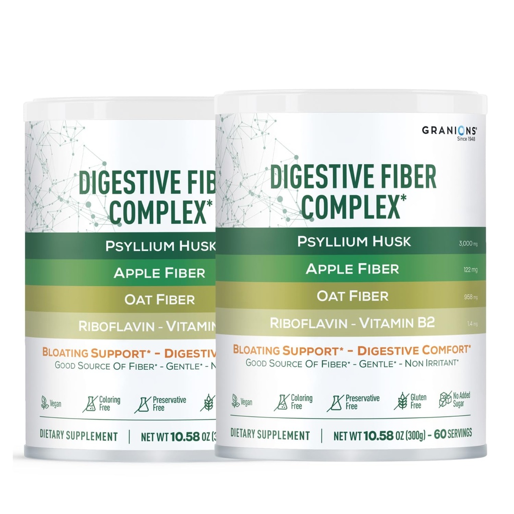 Psyllium Husk Powder 4in1 Digestive Fiber Supplement - Gut Health, Bloat Relief for Women and Men, Soluble and Insoluble Psyllium Husk Fiber Powder, Vitamin B2 - Vegan, Unflavored, Sugar-Free, 2-PACK