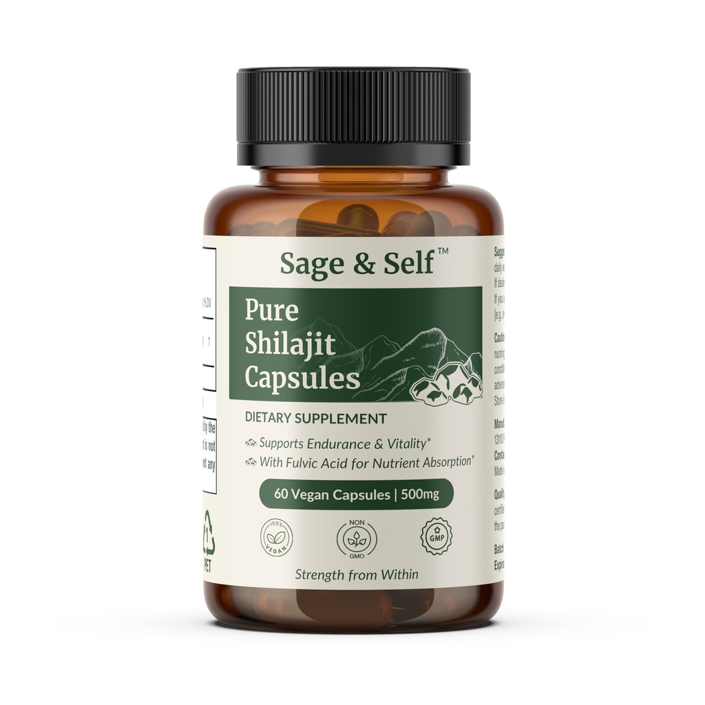 Sage & Self Pure Shilajit Capsules – Purified Shilajit Extract (40% Fulvic Acid) – 500 mg Per Capsule – Vegan Herbal Supplement (60 Capsules)