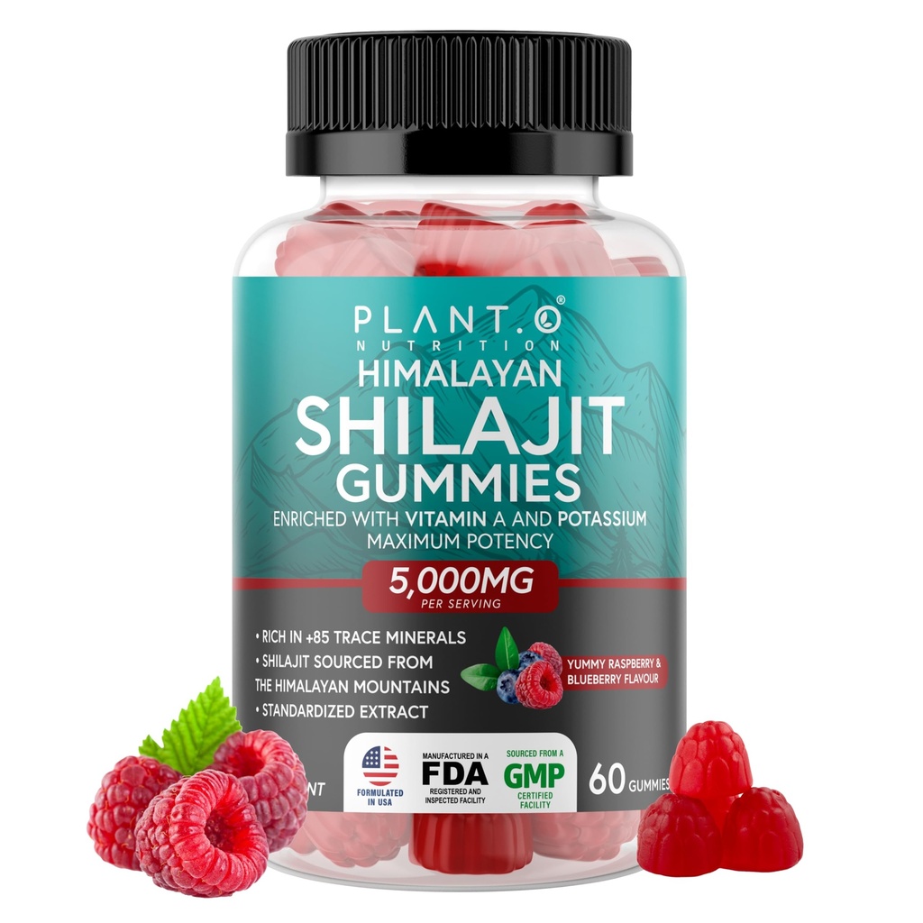 Shilajit Gummies for Men & Women | 5000mg Extra Stength Pure Himalayan Extract 100% Natural Raspberry Flavor | 85+ Trace Minerals & Fulvic Acid to Enhance Energy and Immune Support, 60 Ct