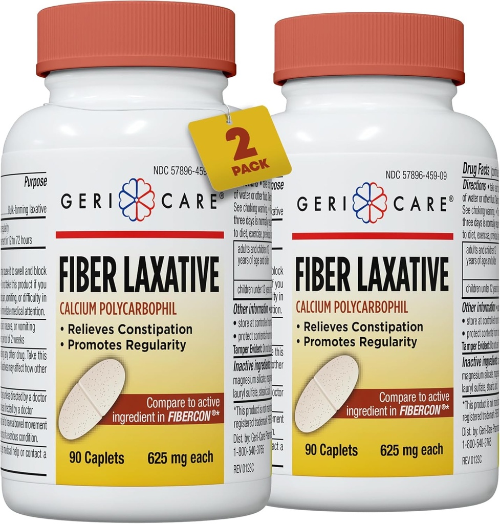 GeriCare Fiber Laxative - 625mg Calcium Polycarbophil Supplement - Gentle Effective OTC Relief for Constipation and Hemorrhoids - Insoluble Fiber Caplets 90 Count (Pack of 2)
