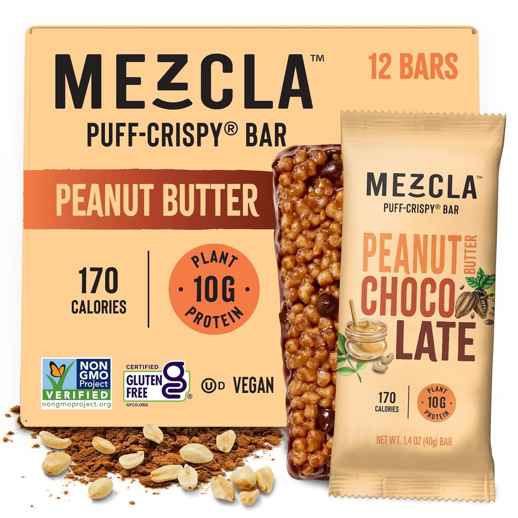 Mezcla Puff Crispy Protein Bars, Gluten Free & Vegan Protein Bars, 10g Protein, Alt for Crispy Rice Treat, Granola Bars & Breakfast Bars, Healthy Snacks for Adults, Σοκολάτα Φυστικοβούτυρο, 12 Pack