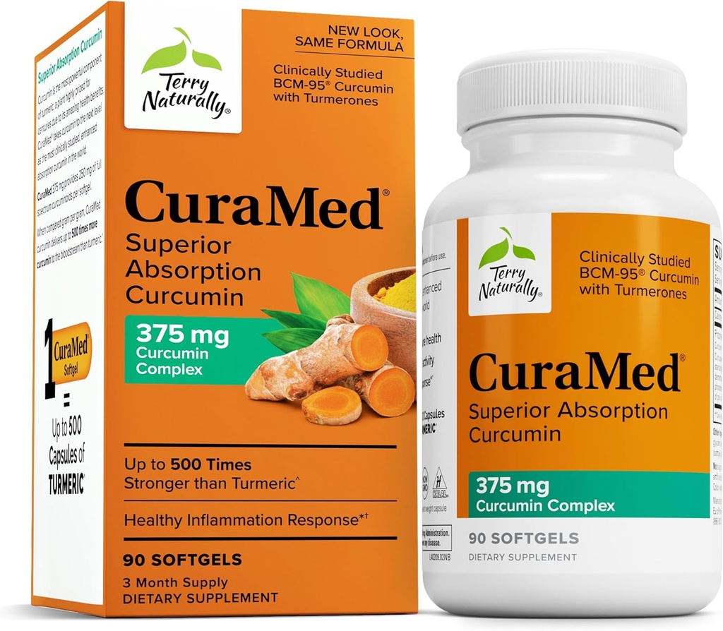 Terry Φυσικά CuraMed 375mg - Αντιοξειδωτικό συμπλήρωμα για την υποστήριξη του εγκεφάλου & ανοσοποιητικών υγείας - Συμπλήρωμα διατροφής με αιθέριο έλαιο κουρκουμίνης & κουρκουμά - Φυτική υποστήριξη ήπατος - 90 Softgels