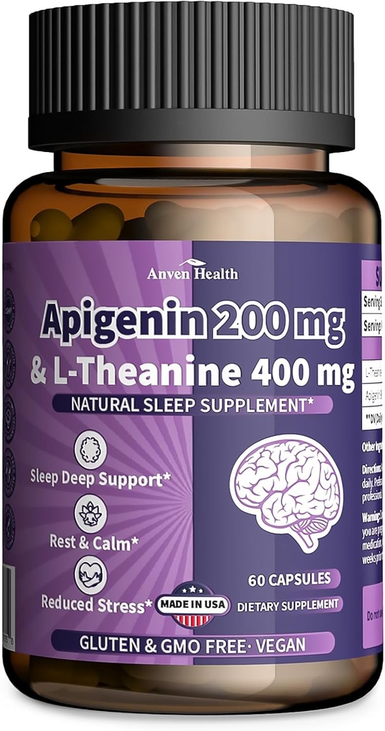 400mg L-Theanine with 200mg Apigenin Supplement for Sleep-Natural Relaxation & Stress Relief - Gluten Free,Non-GMO, Zero Fillers - Made in USA | 60 Veggie Capsules