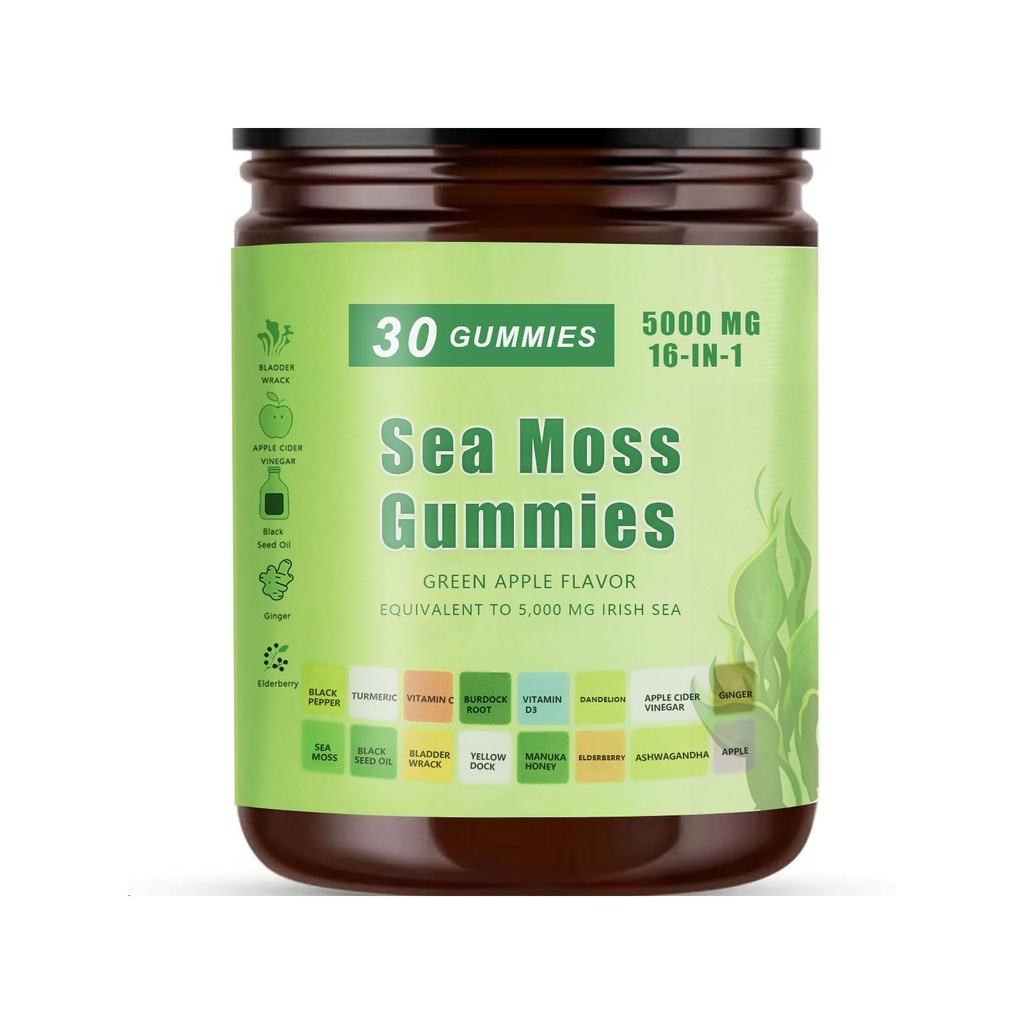 Sea Moss Gummies 16 in 1 | Irish Seamoss Gummies for Women Men with Black Seed Oil, Burdock Root, Bladderwrack, Manuka Honey, and 10 More Supplements with Added Vitamins & Minerals 0522
