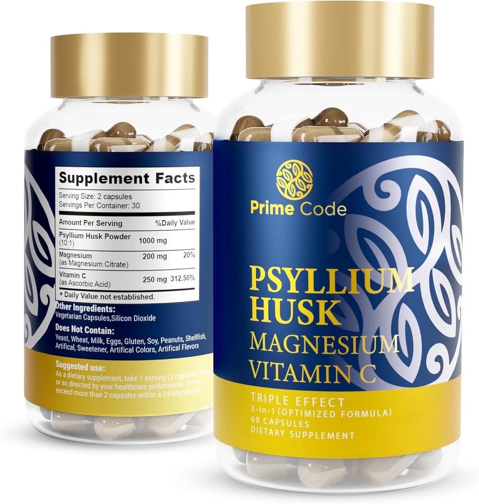 Πρωτεύων Κώδικας [ 3 σε 1] Κάψουλες Psyllium Husk με Κιτρικό Μαγνήσιο και Βιταμίνη C 