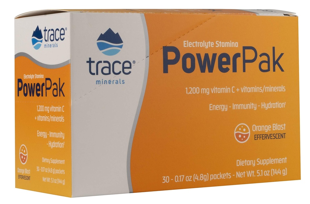 Trace Minerals Electrolyte Stamina Power Pak 1200 Mg Vitamin C Non-GMO, 30 Count, Organic Cane Sugar, Concentrace, Hydration, Dehydration.