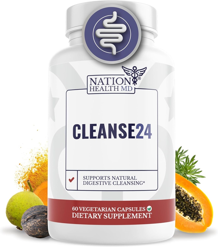 Cleanse24 - Εντερογενής Καθαρισμός για Ανθρώπους με Wormwood, Παπάγια, Μαύρο Καρύδι - Βότανο Εντερική Καθαριότητα, Καθαρισμός για Άνδρες & Γυναίκες, 60 Κάψουλες