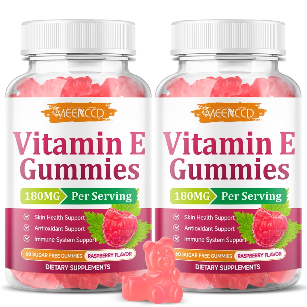 2 Pack Vitamin E Gummies, 180 mg (400 IU) dl-Alpha, Daily Skin Support | Sugar-Free, Vegan, Non-GMO, Raspberry Flavor, 120 Count
