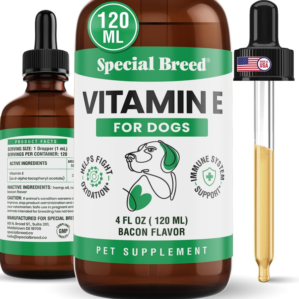 Vitamin E for Dogs Liquid 250 IU - Vitamin E Oil for Dogs Skin and Coat Support - Dog Immune Support Antioxidant Supplement - Bacon Flavor - 120 Servings - 4 oz