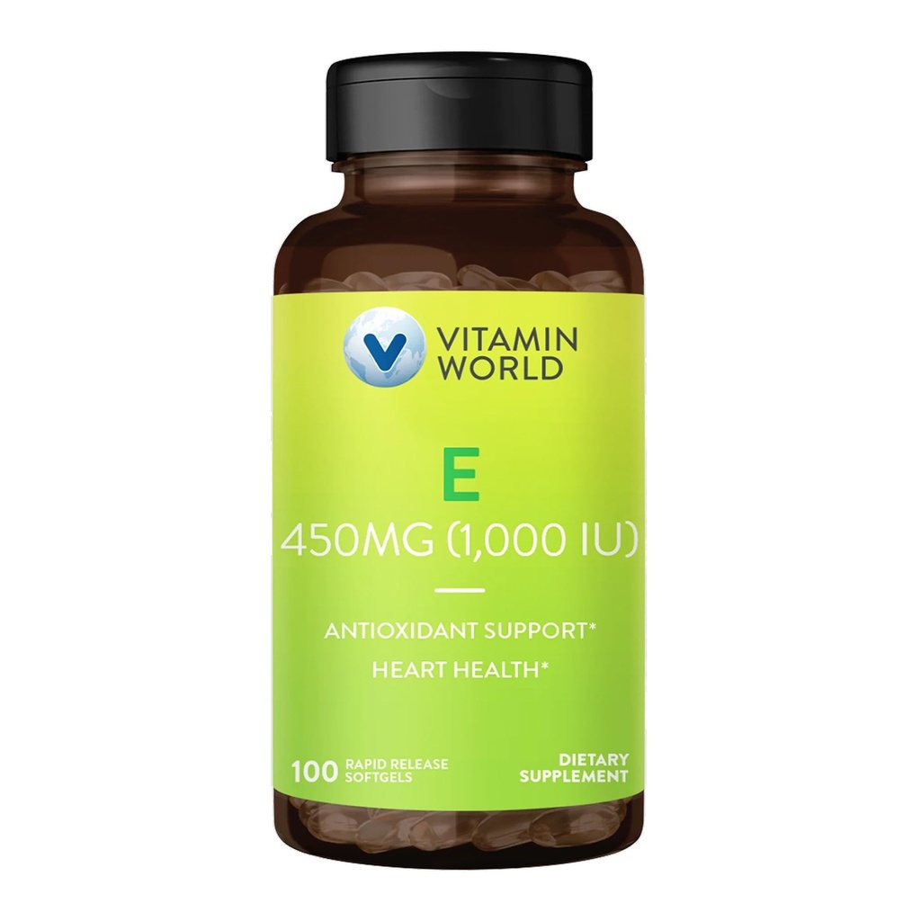 Vitamin World Vitamin E 1000 IU Softgels, 450mg dl-Alpha, 1 Softgel Daily, Supports Antioxidant Protection and Heart, Immune & Skin Health, Gluten-Free, 100 Servings