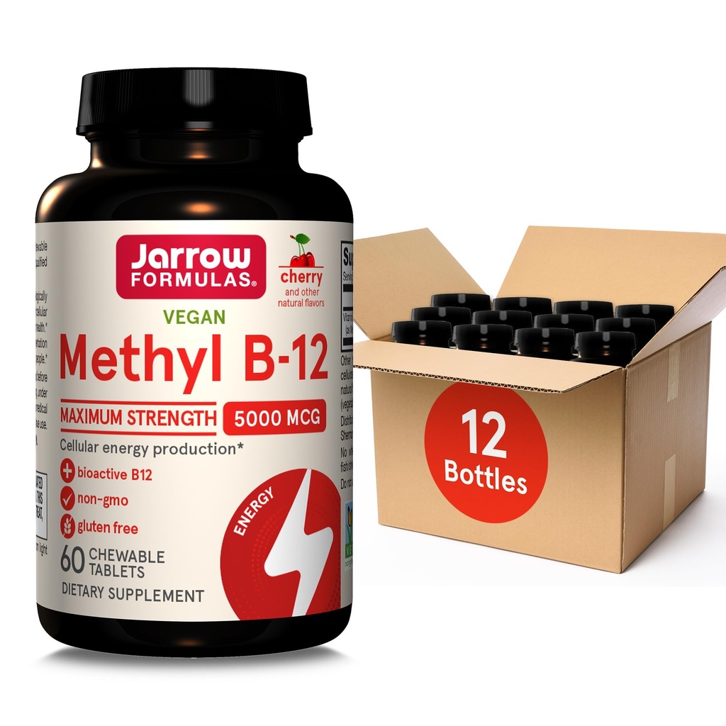 Jarrow Formulas Μέγιστη δύναμη Methyl B-12 5000 mcg, Συμπλήρωμα διατροφής για την παραγωγή και την υποστήριξη της εγκεφαλικής υγείας κυττάρων, 60 cherry-Flavored μασώμενα δισκία, 60 ημέρα προσφοράς, συσκευασία των 12
