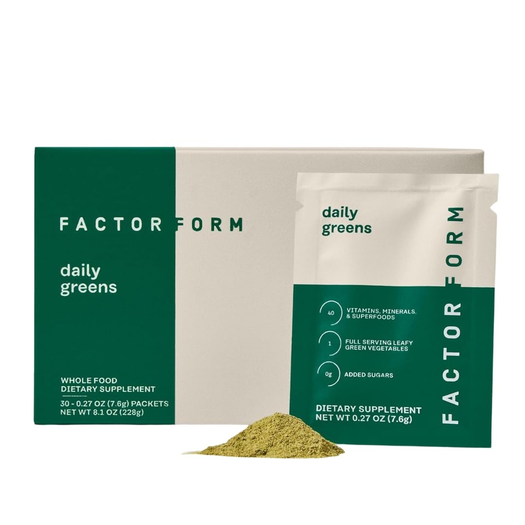 FACTOR FORM Daily Greens Superfood Powder | 5 Functional Blends for Gut Health | Energy & Immunity Support | Prebiotics, Probiotics, Adaptogens| 30 Packets | Citrus Flavor