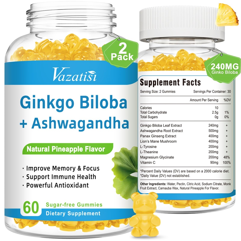 240MG Ginkgo Biloba Gummies | 120 Gummies | Improve Mood and Focus, Brain Health| Pineapple Flavor | Vegan, Non-GMO, Gluten Free Supplement