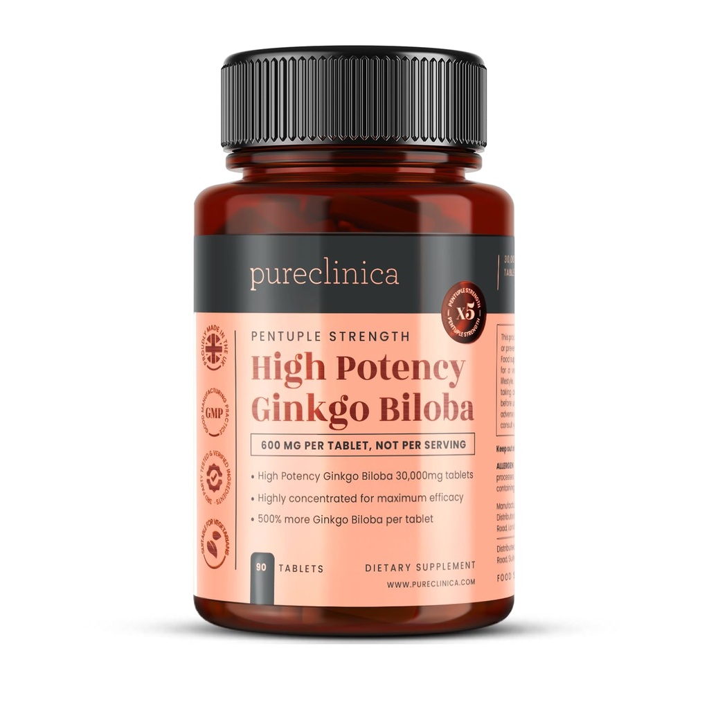 pureclinica Ginkgo Biloba 600mg of 50:1 Extract (24% Flavone Glycosides, 6% Terpene Lactones) – 90 Tablets – 3 Months Supply – Made in UK