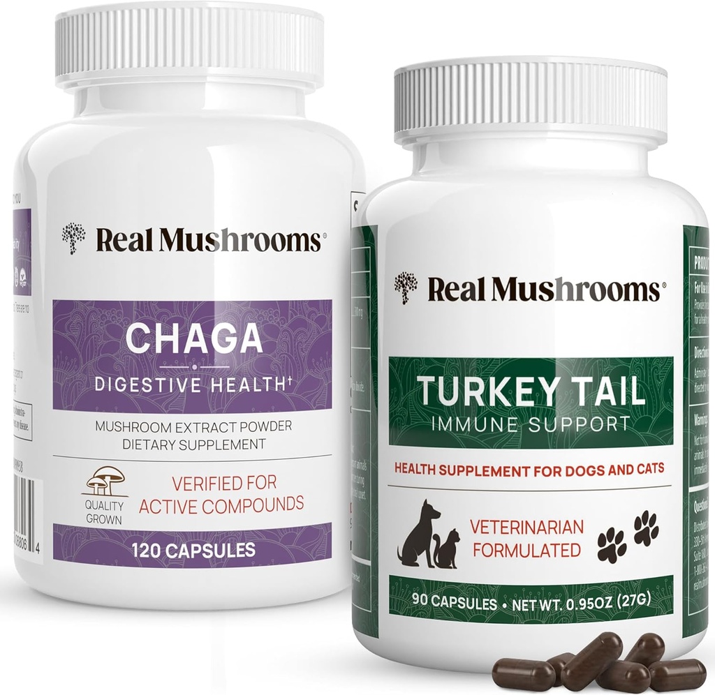Real Mushrooms Chaga for Humans (120ct) & Turkey Tail for Pets (90ct) - Bundle for Digestive Health and Immunity - Vegan, Non-GMO, Grain-Free, Gluten-Free Mushroom Extract Caps
