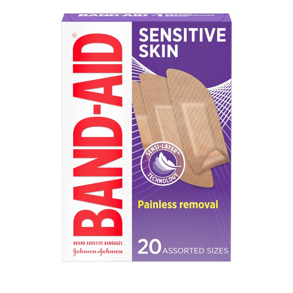 Band-Aid Adhesive Bandages for Sensitive Skin, Hypoallergenic First Aid Banges with Painless Removational, Stays on When Wet & Suitable for Eczema Prone Skin, Sterile, Associated, 20 ct