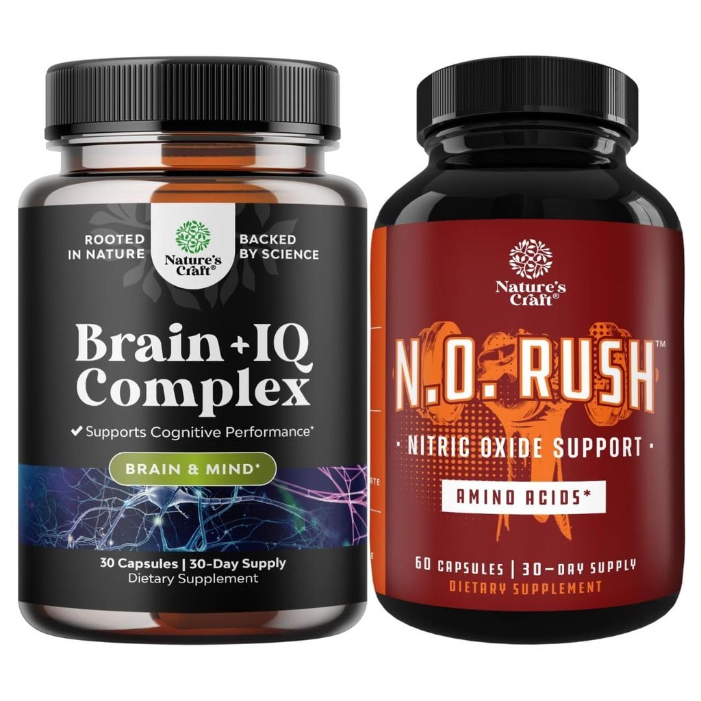 Bundle of Nootropic Memory Supplement and Energizing Nitric Oxide Supplement for Men - for Brain Boost and Natural Energy Booster - for Intense Muscle Growth Performance Endurance and Recovery