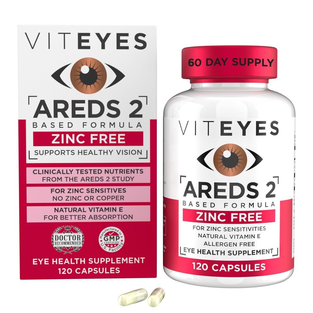 Viteyes AREDS 2 Zinc Free Macular Support, Φυσικό αλλεργιογόνο Δωρεάν κάψουλες με βιταμίνη Ε, βιταμίνη C, Lutein & Zeaxanthin, Χωρίς ψευδάργυρο, χωρίς χαλκό, μάτι γιατρός εμπιστεύονται, Κατασκευάζεται στις ΗΠΑ, 120 Ct