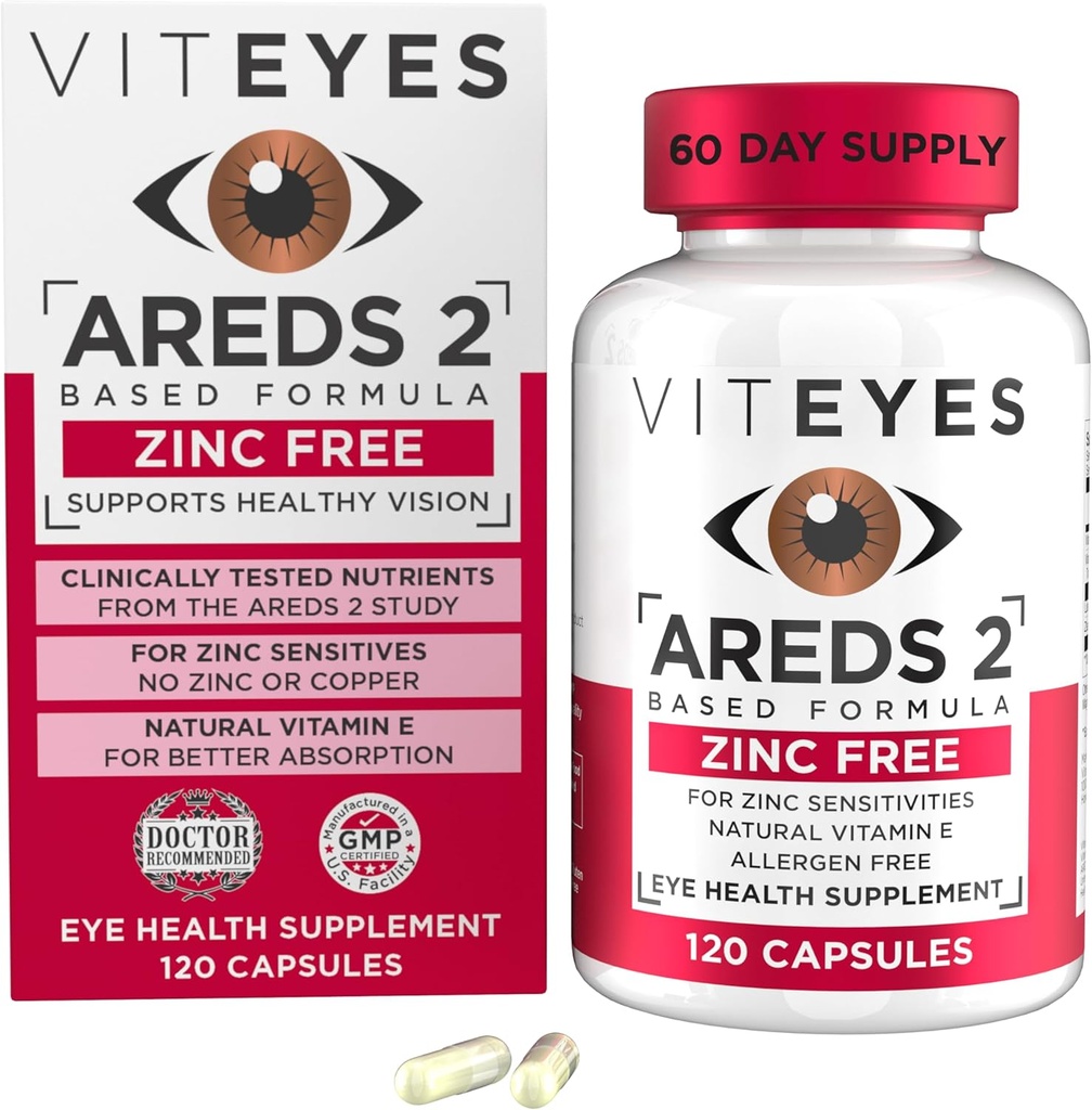 Viteyes AREDS 2 Zinc Free Macular Support, Φυσικό αλλεργιογόνο Δωρεάν κάψουλες με βιταμίνη Ε, βιταμίνη C, Lutein & Zeaxanthin, Χωρίς ψευδάργυρο, χωρίς χαλκό, μάτι γιατρός εμπιστεύονται, Κατασκευάζεται στις ΗΠΑ, 120 Ct
