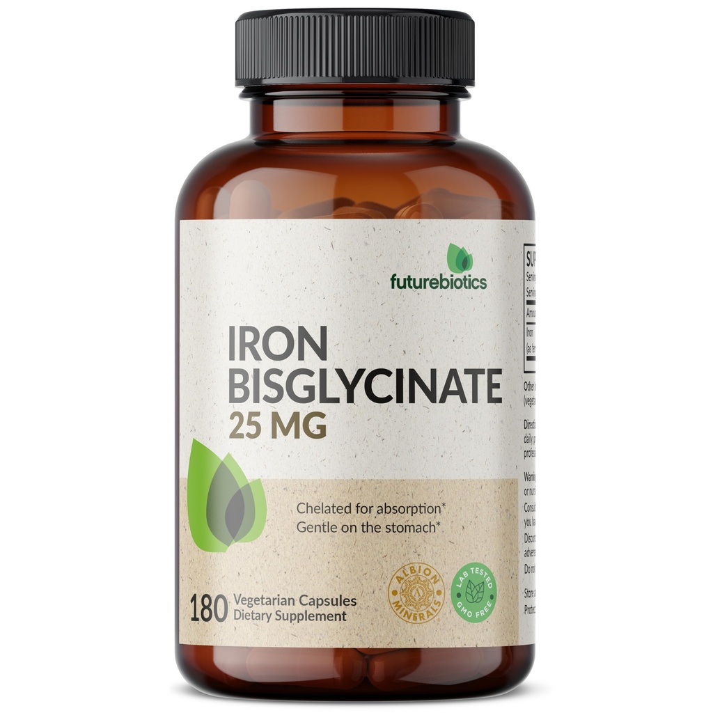 Futurebiotics Iron Bisglycinate 25mg Gentle on The Stomach, Supports Energy & Healthy Red Blood Cell Production - Non-Constipating Formula - Non GMO, 180 Vegetarian Capsules