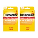 Dramamine Motion Sickness Relief, Chewable, Prevents and Relives Nausea, Dizziness & Vomiting, Orange Flavor, 4 Count (Travel & Trial Size) (Pack of 2)