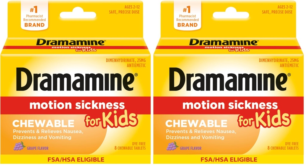 Dramamine Motion Sickness Relief for Kids - Chewable Grape Flavor, 8 Count (Pack of 2)
