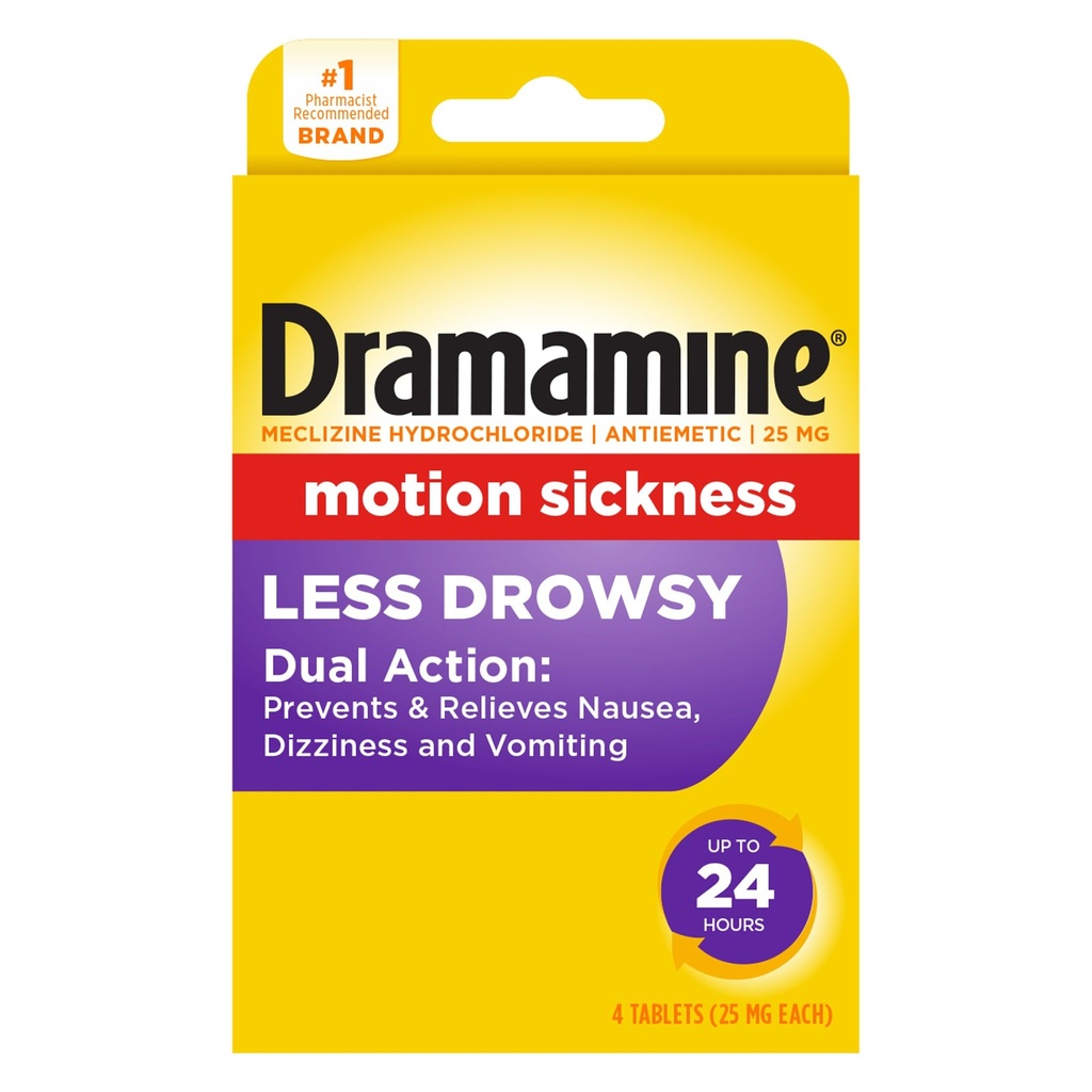 Dramamine Motion Sickness Less Drowsy, for Nausea Relief During Travel, 4 Count