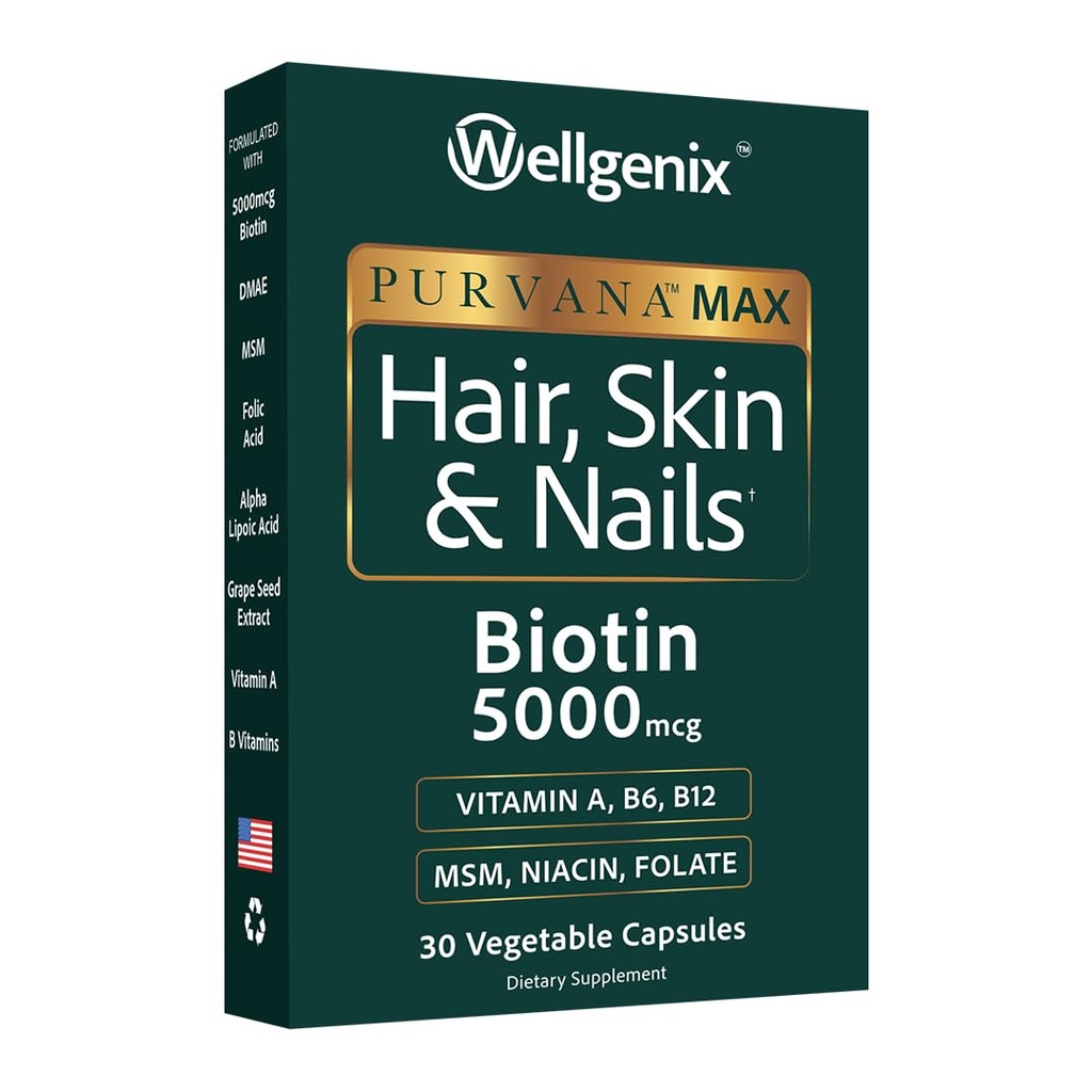 Wellgenix Purvana Max Hair, Skin, and Nails Βιταμίνη - Διπλή δύναμη Biotin 5000 MCG, VIT A & B, Φολικό οξύ, εκχύλισμα σπόρων σταφυλιών - συμπλήρωμα στήριξης μαλλιών -30 κάψουλες (πακέτο του 1)