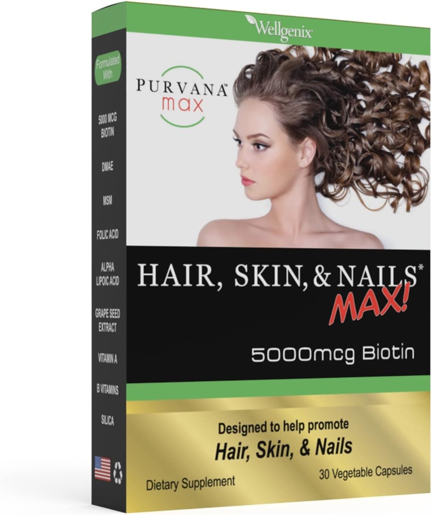 Wellgenix Purvana Max Hair, Skin, and Nails Βιταμίνη - Διπλή δύναμη Biotin 5000 MCG, VIT A & B, Φολικό οξύ, εκχύλισμα σπόρων σταφυλιών - συμπλήρωμα στήριξης μαλλιών -30 κάψουλες (πακέτο του 1)