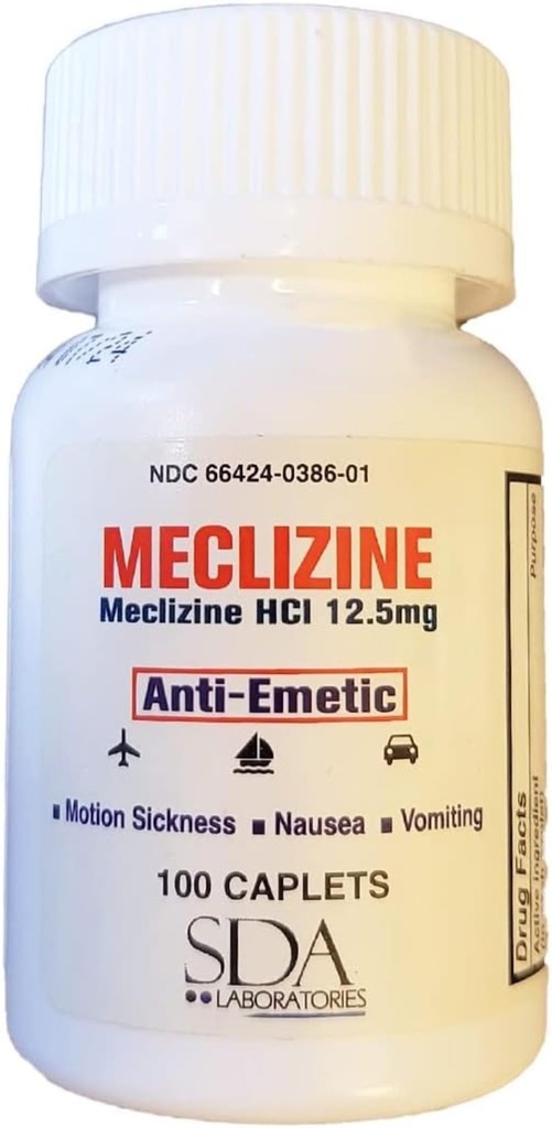 SDA LABORATORIES Meclizine HCI 12.5mg for Motion Sickness, Nausea, and Vertigo Relief – Long-Lasting Anti-Emetic, Ideal for Travel and Balance, 100 Caplets (1 Pack)