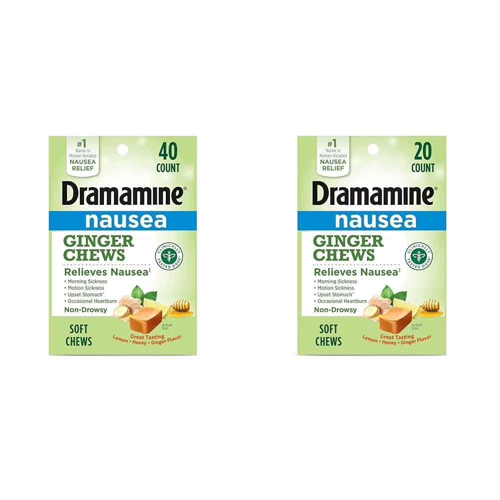 Dramamine Nausea Relief Ginger Chews, Lemon-Honey-Ginger, 40 Count and 20 Count