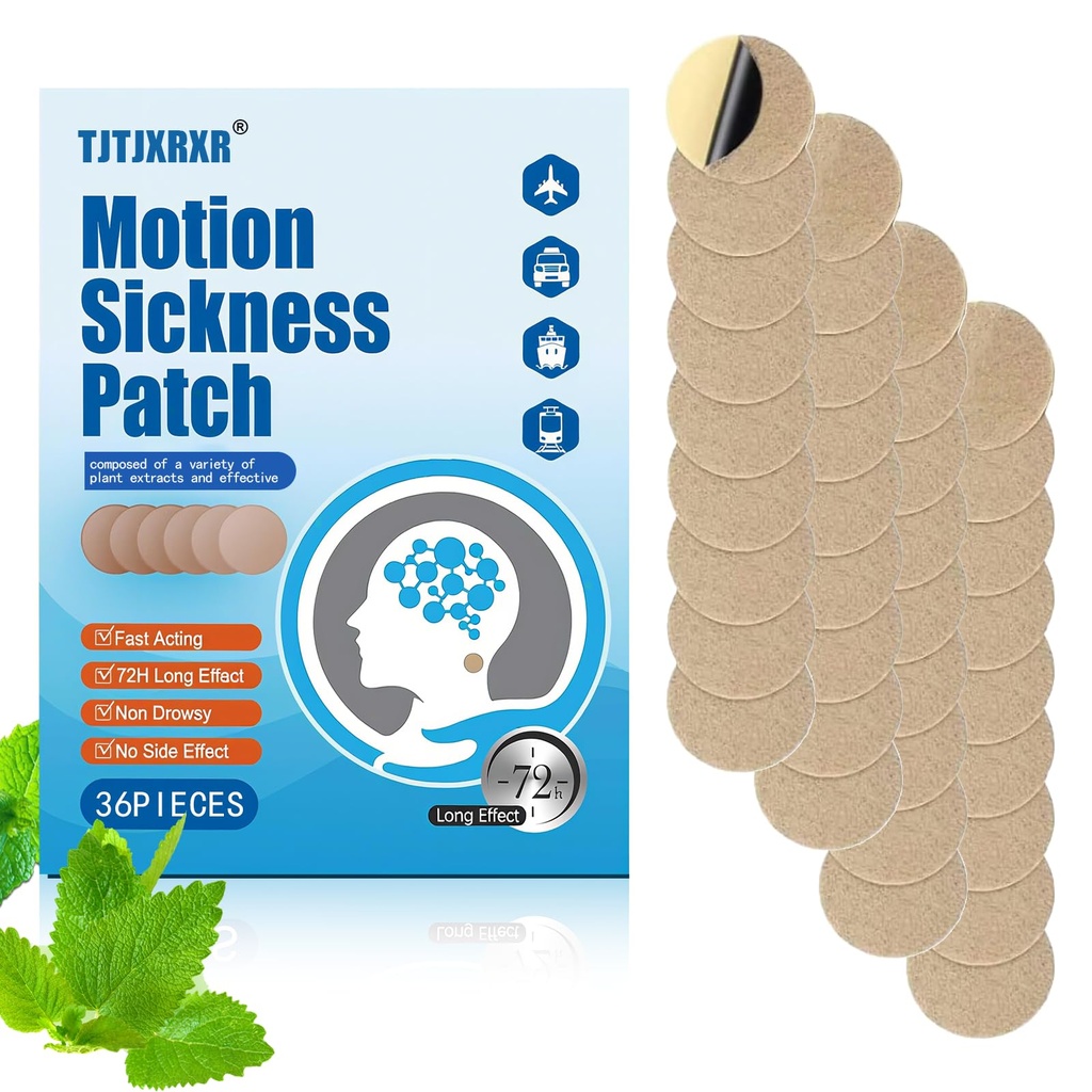 Motion Sickness Patches, 36 Count - Fast Acting & 72 Hours Long Lasting Sea Sickness Relief for Cruise, Airplanes, Cars, Bus, Train - Non-Drowsy Travel Sickness Patch for Dizziness Relief