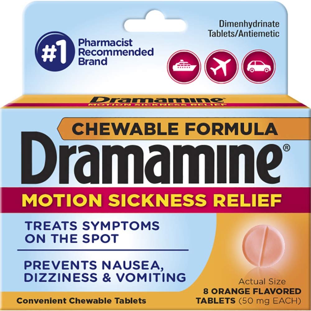 Dramamine Motion Sickness Relief Chewable Tablets, Orange Flavored, 8 Count (Pack of 3)