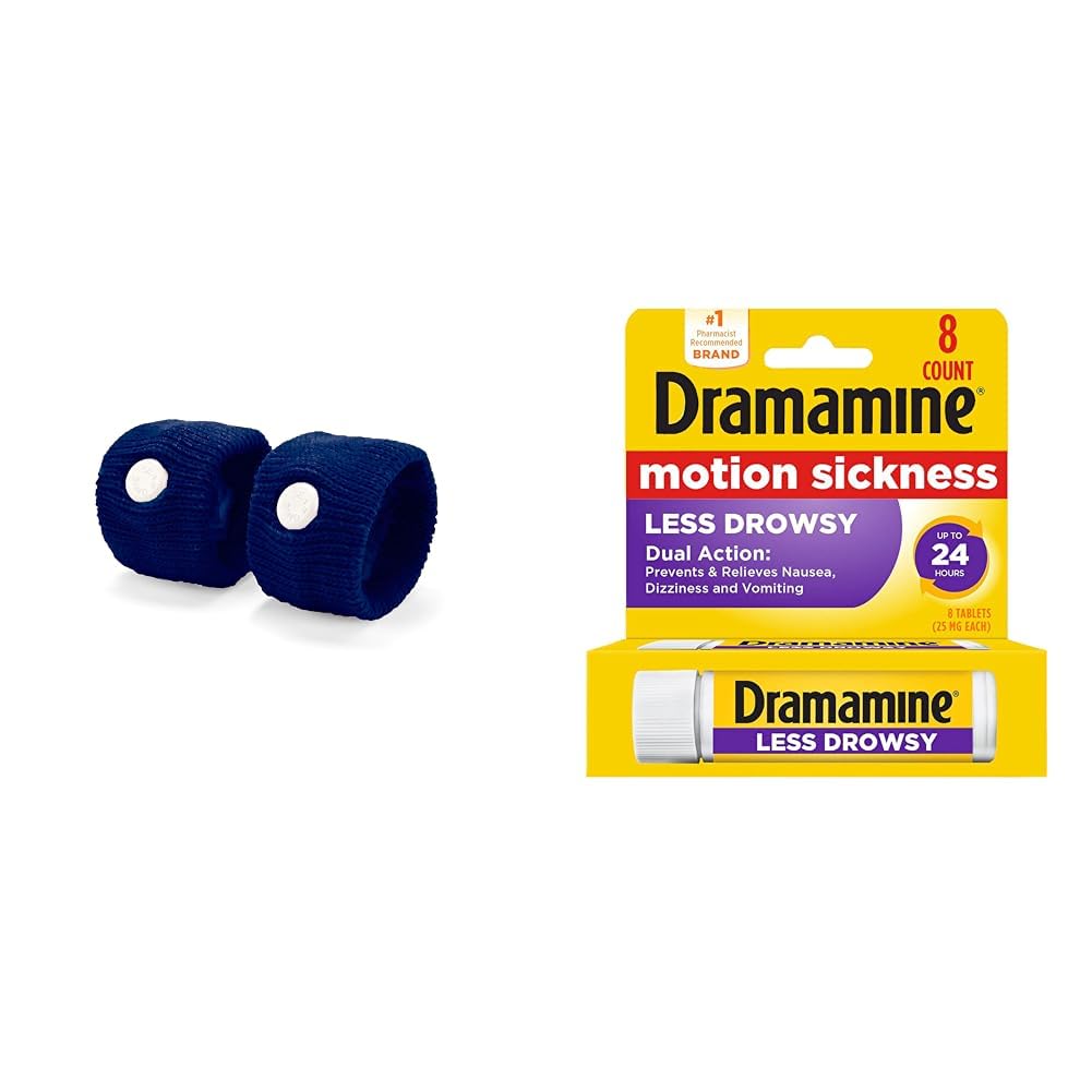 Sea-Band Anti-Nausea Acupressure Wristband for Motion Sickness Relief - 1 Pair and Dramamine Motion Sickness Relief Less Drowsy Formula, 8 Count
