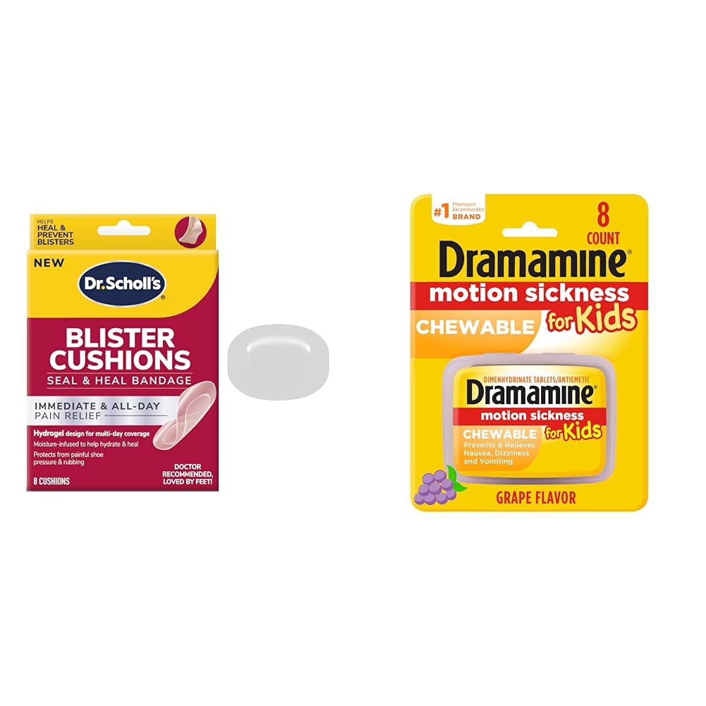 Dr. Scholl's Blister Cushions 8 ct & Dramamine Kids Chewable Motion Sickness Relief Grape 8 Count